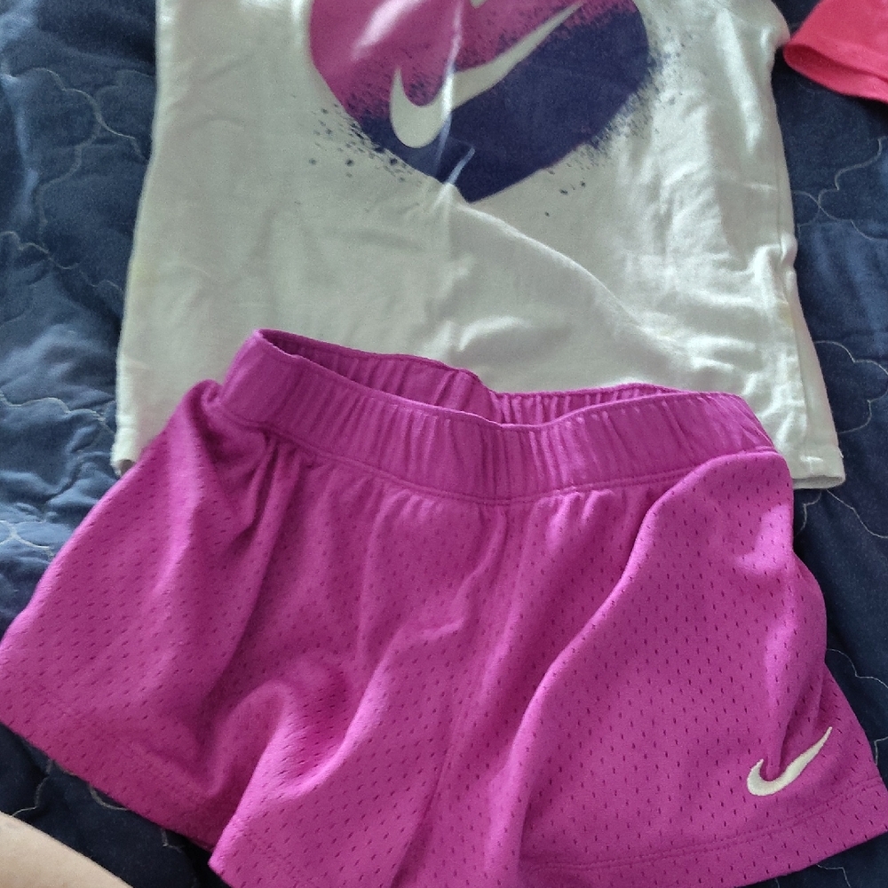 Nike Purple Shorts and White Tee with Pink Graphic